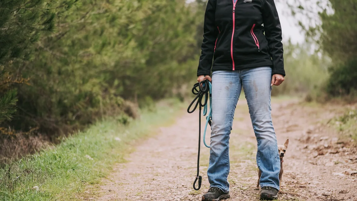 Femme tenant la laisse de son chien sur un sentier en forêt