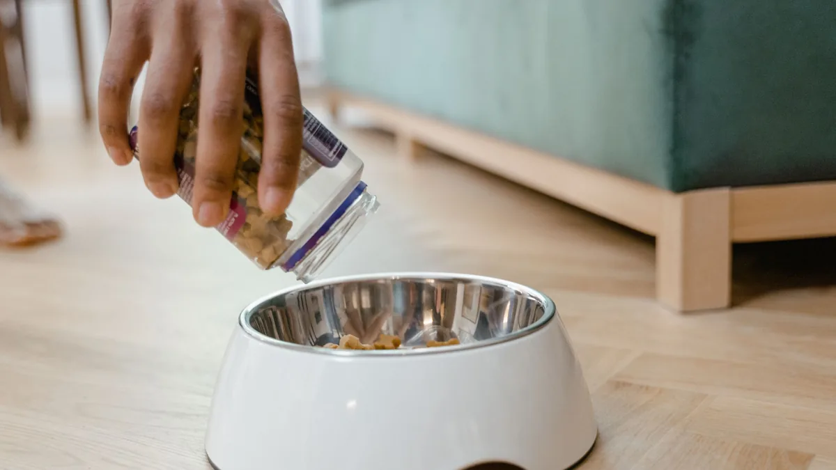 Main versant des croquettes dans une gamelle inox posée sur un support surélevé blanc